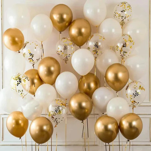 Vista 4 de Juego de 50 globos para fiestas, cromo dorado, perla blanca y confeti dorado, globos de látex natural de 12 pulgadas para decoraciones de fiestas