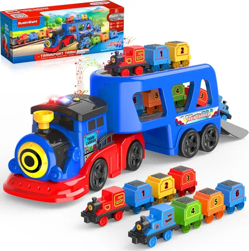 Vista 9 de Juego de tren de juguete 2 en 1 para niños pequeños, base de tren de catapulta con grúa torre móvil, 8 pequeños trenes magnéticos, efecto de luz