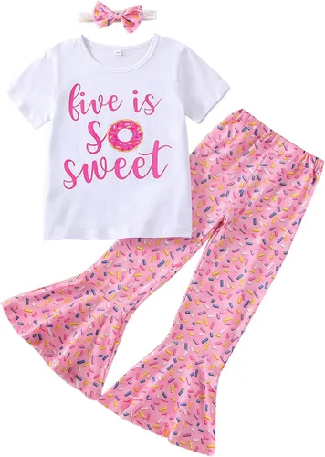Vista 33 de Conjunto de ropa de cumpleaños para bebé niña pequeña, camiseta de manga larga, pantalones de campana, diadema