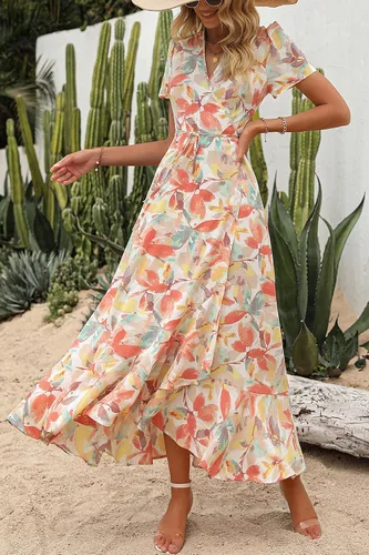 Vista 6 de PRETTYGARDEN - Vestido largo de verano cruzado para mujer, con cuello en V, estilo bohemio, floral, manga corta, dobladillo con volantes