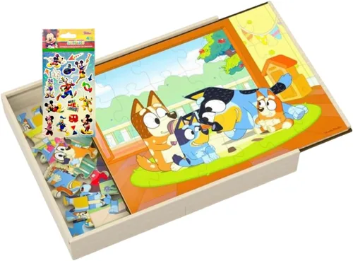 Vista 4 de Bluey 5 rompecabezas de madera con caja de almacenamiento, 72 calcomanías exclusivas de La casa de Mickey Mouse y paquete de más de 300 calcomanías