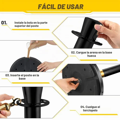 Vista 3 de Wesiti Juego de 6 postes de acero inoxidable con corona superior de 5 pies y 3 piezas de cuerda de terciopelo y postes de control de multitudes Negro