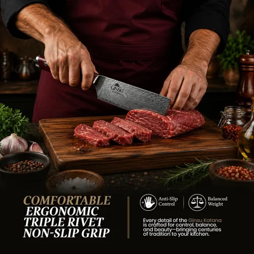 Vista 5 de Cuchillo japonés de acero inoxidable Damasco AUS-10, 7" Núcleo de acero japonés AUS-10 con acero Damasco de 67 capas para un rendimiento de corte