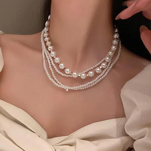 Vista 3 de Gargantilla corta de 4 niveles con borlas de perlas multicapa para novia, accesorios para mujer, Metal