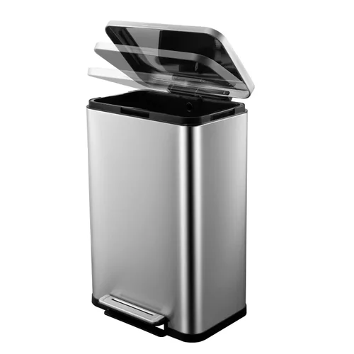 Vista 2 de Cubo de basura de acero inoxidable de 50 litros/13 galones, cubo de reciclaje rectangular con pedal de acero con tapa y cubos interiores, cubo