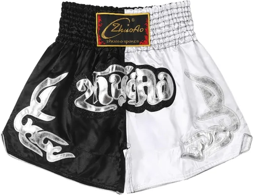 Vista 5 de QinCiao Pantalones cortos de boxeo Muay Thai para hombre, pantalones cortos de kickboxing, artes marciales, entrenamiento, gimnasio, entrenamiento