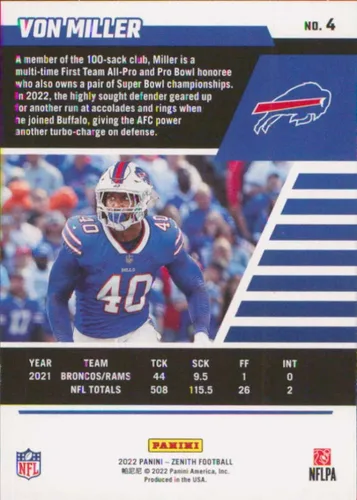 Vista 2 de 2022 Panini Zenith Retail #4 Von Miller Buffalo Bills Football Card - GotBaseballCards