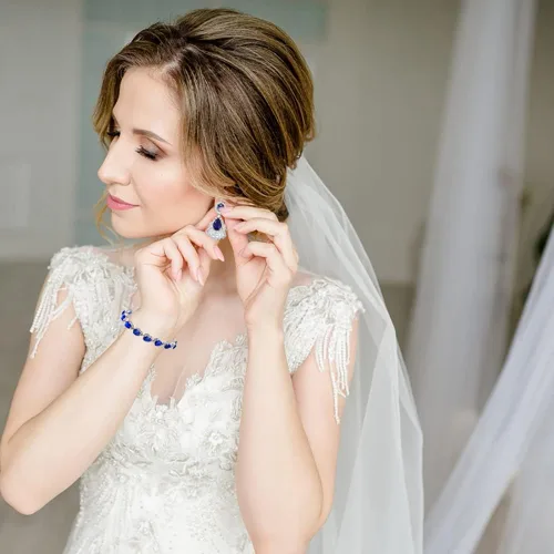 Vista 2 de conjunto de joyas de forma de gota de agua conjunto de collar de pulsera de cristal azul real pendientes para mujeres