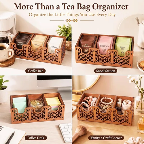 Vista 6 de Wooden Tea Bag Organizer with Decorative Cutout 3 Compartments
