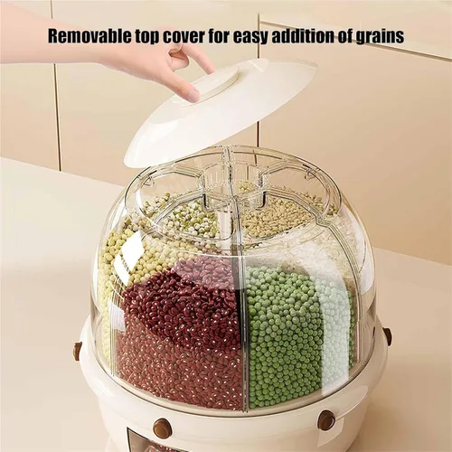 Vista 5 de Dispensador giratorio de alimentos secos para encimera, dispensador de 6 rejillas para lentejas, arroz, frijoles, contenedor de almacenamiento