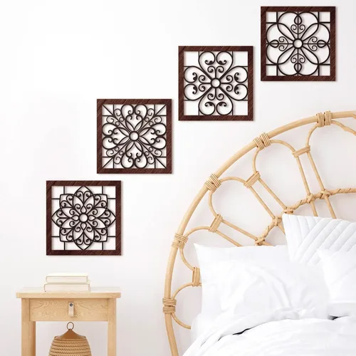 Vista 2 de Yulejo Decoración de pared rústica gruesa de 4 piezas, diseño hueco de madera tallada, arte de pared rústico para sala de estar, dormitorio Negro