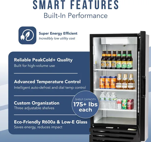 Vista 4 de PEAKCOLD + Refrigerador vertical de 1 puerta - Refrigerador comercial negro de 9.4 pies cúbicos de bajo consumo con puerta de vidrio