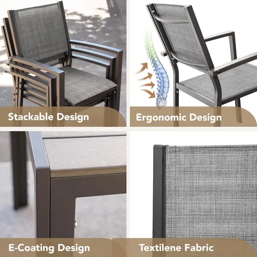 Vista 9 de Devoko Juego de comedor para patio, 7 piezas, muebles de exterior con mesa rectangular y 6 sillas apilables, juego de conversación familiar para Gris