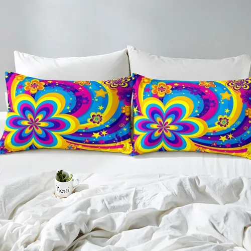 Vista 5 de Groovy Flowers - Funda de edredón de flores hippy girl, juego de ropa de cama con diseño de flores de arco iris, espiral, rayas, floral, juego