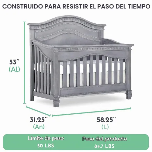 Vista 4 de Evolur Cheyenne - Cuna convertible de panel completo 5 en 1 en gris tormenta, certificado JPMA y Greenguard Gold, hecha de madera dura seca al