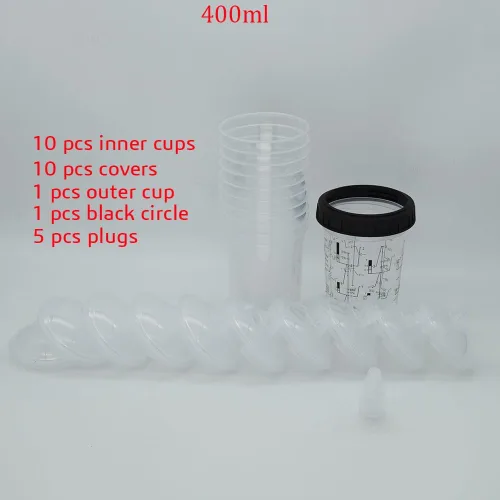 Vista 2 de Kit de tazas y revestimientos para mezclar pintura automotriz, taza desechable para pistola de pintura en aerosol, tapas y adaptadores para filtrar