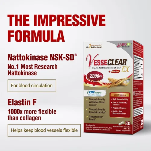 Vista 6 de LABO Nutrition VesseCLEAR EX: Nattokinase NSK-SD+Elastina F para Vasos Sanguíneos Limpios y Flexibles. Japón con la Mayor Prueba de Investigación