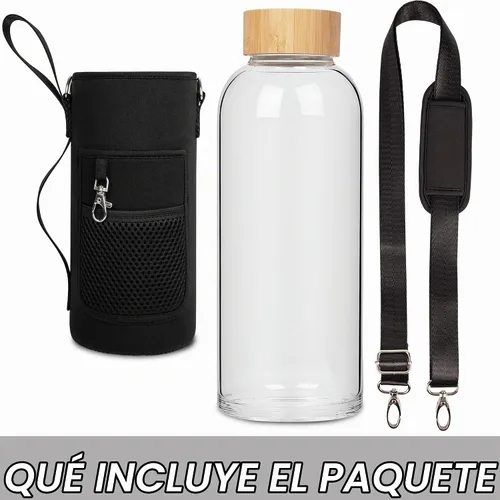 Vista 2 de Botella de agua de vidrio de borosilicato para deportes de 48 onzas, con tapa de bambú y funda de neopreno Negro-x