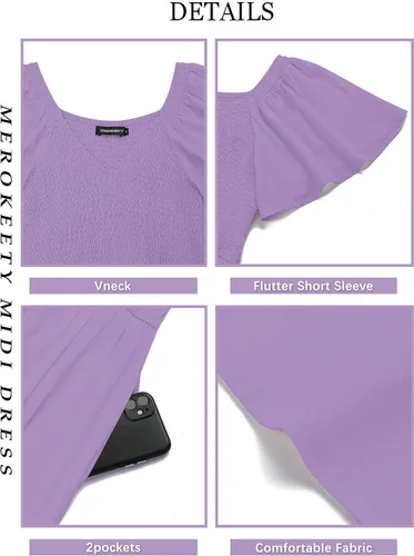 Vista 5 de MEROKEETY Vestido midi casual de verano 2023 con cuello en V y mangas fruncidas y cintura alta con bolsillos