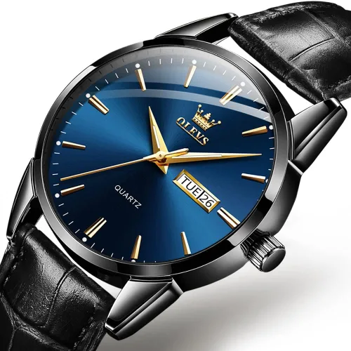 Vista 2 de OLEVS Reloj para hombres cronógrafo marrón cuero oro caso analógico cuarzo moda negocios vestido grande hombres reloj día fecha luminoso impermeable