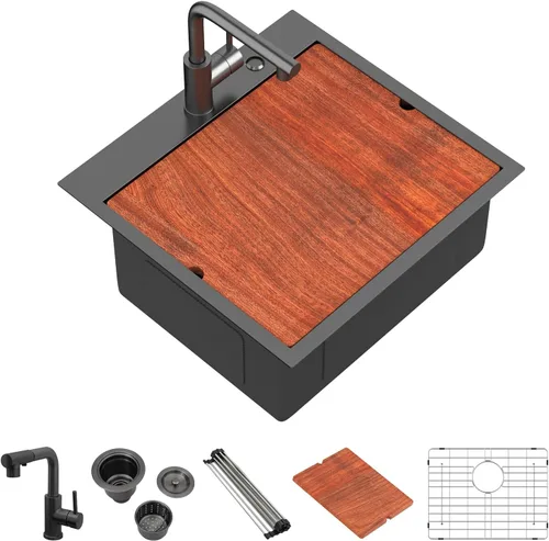 Vista 20 de Mocoloo - Fregadero de barra negro de 15 pulgadas con grifo, fregadero de estación de trabajo de 16 calibre de montaje, 15x15x9" de acero