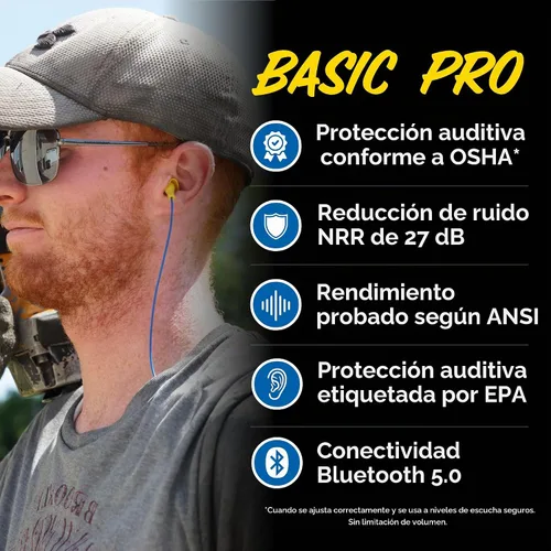 Vista 9 de Plugfones Basic Pro - Auriculares Bluetooth con Tapones de Espuma para los Oídos - Protección Auditiva NRR de 27 dB - Auriculares Inalámbricos