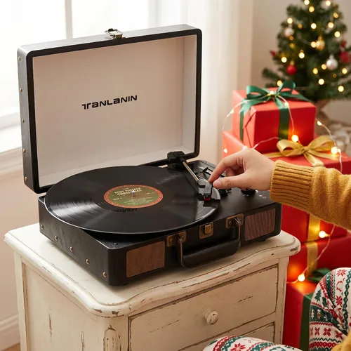 Vista 6 de Reproductor de discos de vinilo con altavoces integrados, tocadiscos de entrada Bluetooth de 3 velocidades, grabación y reproducción USB/TF