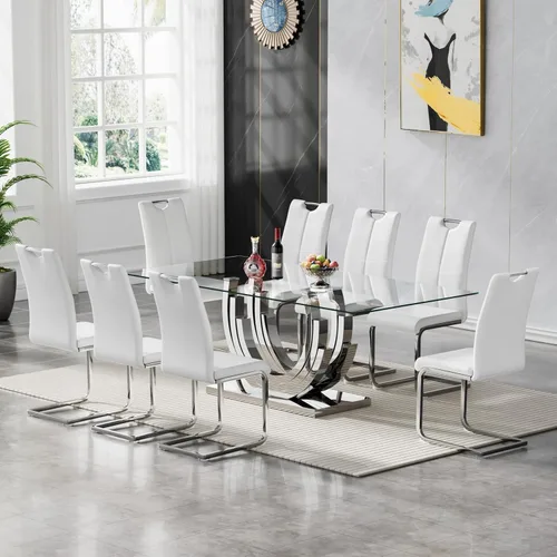 Vista 54 de Juego de mesa de comedor de vidrio de 70 pulgadas para 4, mesa rectangular de cristal dorado con 4 sillas de piel sintética, juego de mesa de Mesa