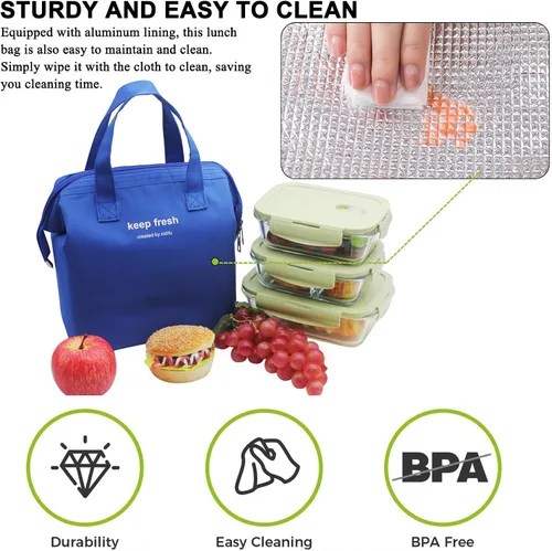 Vista 2 de Mziart Bolsa de almuerzo aislada simple Bento bolsa de almuerzo bolsa de almuerzo para mujeres hombres adultos picnic trabajo senderismo playa (azul)