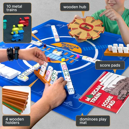Vista 9 de Queensell Juego de dominó de tren mexicano doble 12 – Juego de dominó jumbo para adultos, 91 azulejos con puntos coloridos, cubo de madera, tren