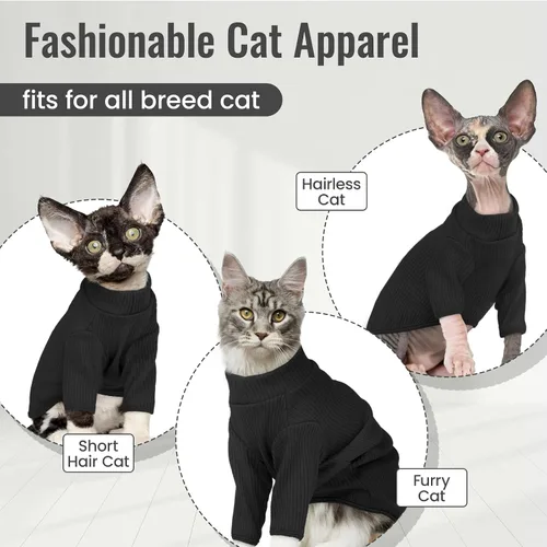 Vista 2 de DENTRUN Sphynx - Camisa de gatos sin pelo, camiseta de gatito, transpirable, cuello alto, adorable ropa de gato, chaleco de pijama Negro