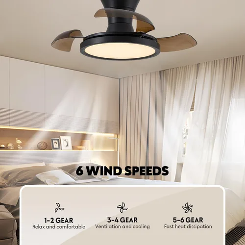 Vista 4 de Ventilador de techo retráctil moderno de 71 cm con luz, control remoto, regulable, 6 velocidades, reversible, pequeña luminaria de techo, sin aspas