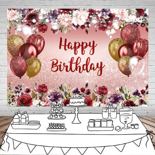 Vista 2 de Mocsicka Telón de fondo floral de feliz cumpleaños, flores burdeos, oro rosa, fondo de fotos con purpurina, vinilo para niñas y mujeres, decoración