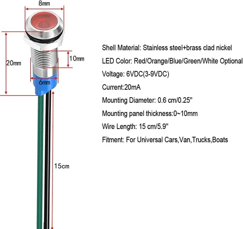 Vista 6 de Gebildet 6mm 3V-4.5V-5V-6V-7.5V-9VDC lámpara de señal impermeable con cable, luz indicadora LED metálica de ahorro de energía (5 piezas x LED rojo)