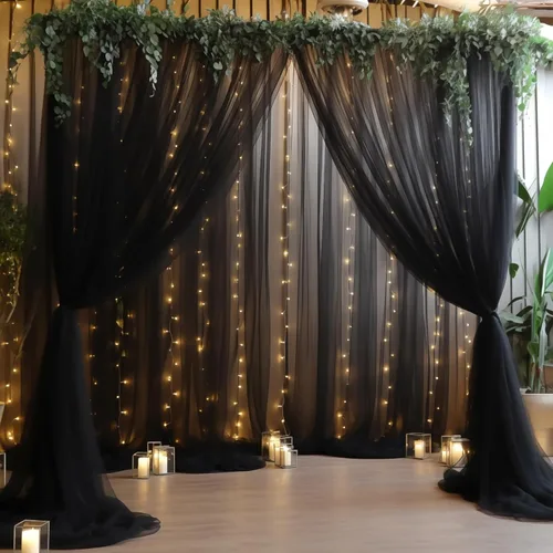 Vista 34 de Cortina de telón de fondo de tul negro de 10 x 10 pies con cadena de luces para fiestas, cortinas de fondo de fotos transparentes para bodas