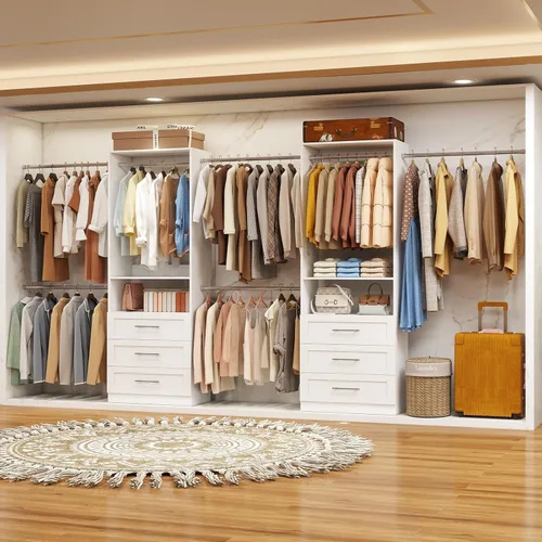 Vista 7 de Sistema de armario con 2 juegos, sistema organizador de armario de 4 pies a 15 pies con 6 cajones de madera, sistema de almacenamiento de armario