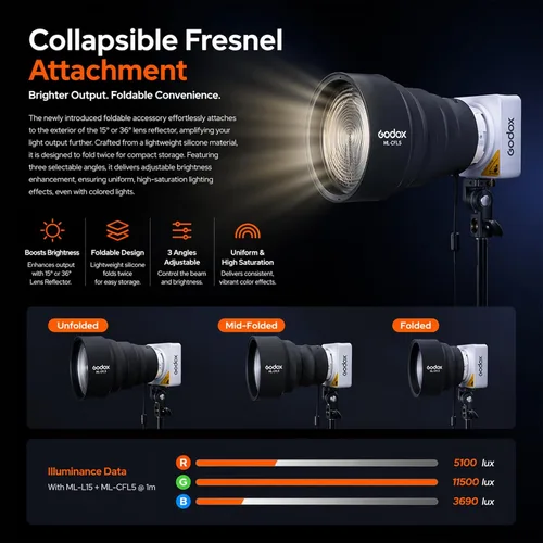 Vista 6 de Godox ML100R 110W RGB LED luz de video, con reflector intercambiable de 15°/1800-10000K CCT/14 efectos FX cinematográficos/múltiples opciones