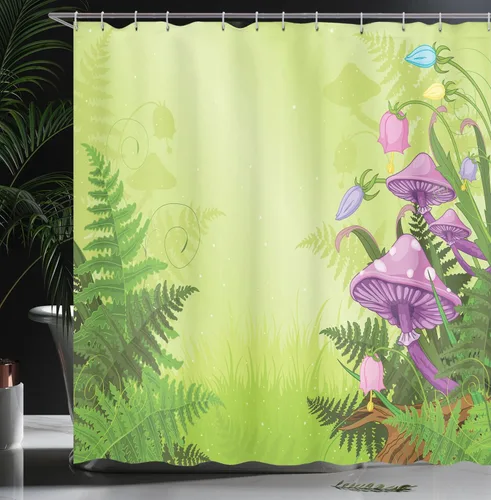 Vista 3 de Ambesonne Cortina de ducha de hongos, paisaje mágico con hongos y flores en el bosque fresco, estampado de dibujos animados, juego de decoración