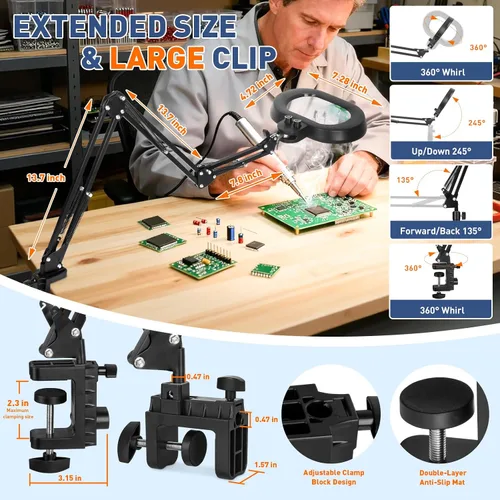 Vista 6 de KIRKAS Lupa de 12X con luz, rotación de tres ejes, lupa de brazo extra largo para banco de trabajo, reparación de manualidades, costura, lupa