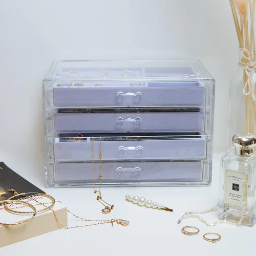 Vista 5 de The TopCherry Organizador de joyas de acrílico con 4 cajones, organizador de aretes, caja de joyería transparente, anillos, collares, pulseras