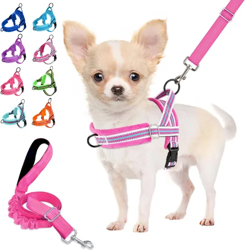 Vista 14 de Lukovee Juego de arnés y correa para perro sin tirones, arnés acolchado suave para perro pequeño, chaleco reflectante ajustable para cuello y pecho