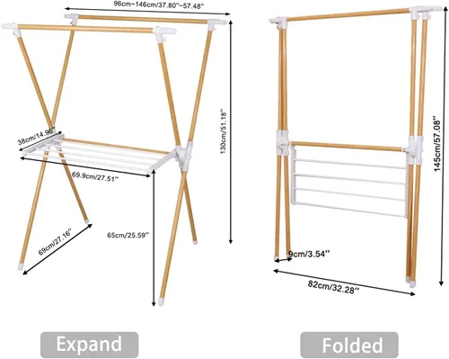 Vista 2 de BAOYOUNI Estante plegable para secar ropa con estante para toallas de lavandería, soporte en forma de X, ajustable, doble poste, organizador