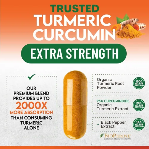 Vista 6 de Suplemento de curcumina de cúrcuma – 1800 mg de cúrcuma orgánica por porción – 95% de curcuminoides y extracto de pimienta negra BioPerine para una