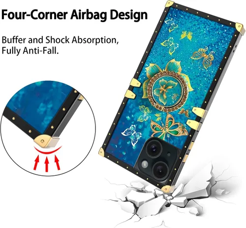 Vista 7 de nancheng Funda para iPhone 15, diseño de flor de mariposa azul, TPU suave, a prueba de golpes, con soporte de anillo y cordón a juego, elegante