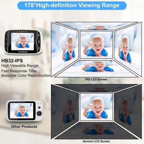 Vista 7 de HelloBaby Monitor de video para bebés con cámara y audio, pantalla LCD de 3.2 pulgadas, visión nocturna infrarroja, audio bidireccional y monitoreo