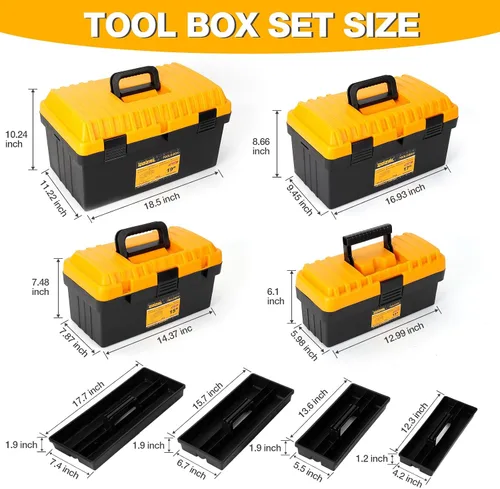 Vista 2 de Juego de 4 cajas de herramientas, caja de herramientas grande de plástico con bandeja, almacenamiento para el hogar y manualidades 4-piece