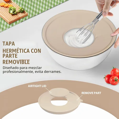 Vista 2 de Juego de tazones para mezclar de acero inoxidable con tapas y 3 accesorios Caqui