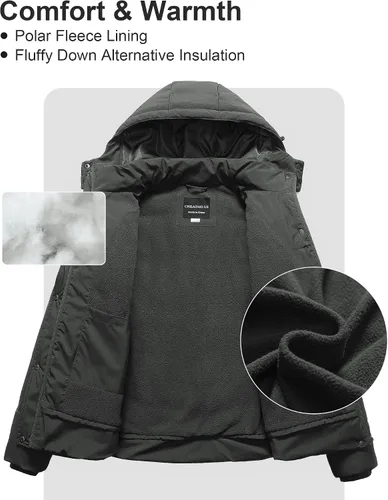 Vista 3 de CREATMO US Chaqueta acolchada cálida de talla grande para mujer, abrigo de invierno con forro polar impermeable con capucha extraíble