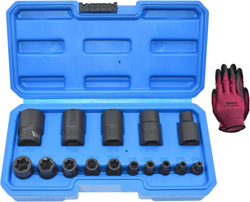 Vista 9 de E-Torx Juego de zócalos, 14 piezas hembra E-Torx Star Socket Set, 1/4" 3/8" 1/2" Drive, E4 a E24 Torque E Externo Juego de zócalos, 14pcs Star