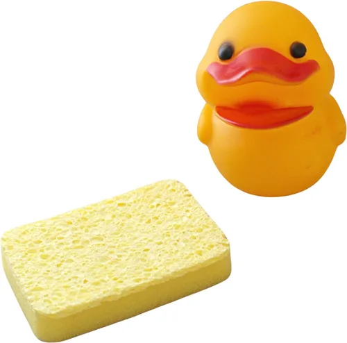 Vista 6 de Soporte con forma de animal para esponja de cocina, rana o pato a elección, con esponja, pato amarillo